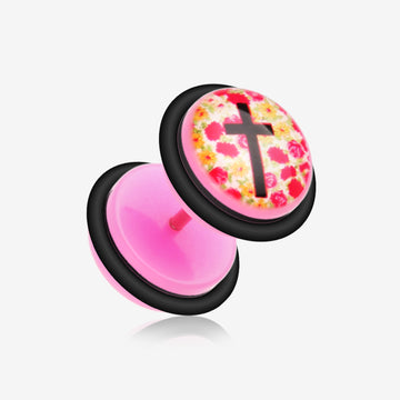 A Pair of Floral Cross Acrylic Faux Gauge Plug Earring-Pink/Fuchsia